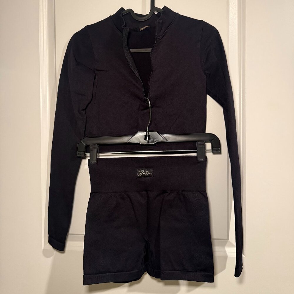 Bo + Tee black cropped zip-up long sleeve and shorts set